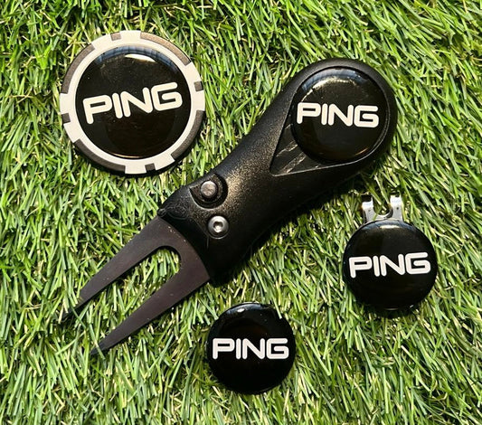 Golf Switchblade Pitchfork Magnetic Hat Clip With 3 black Ping 25mm Markers and poker chip