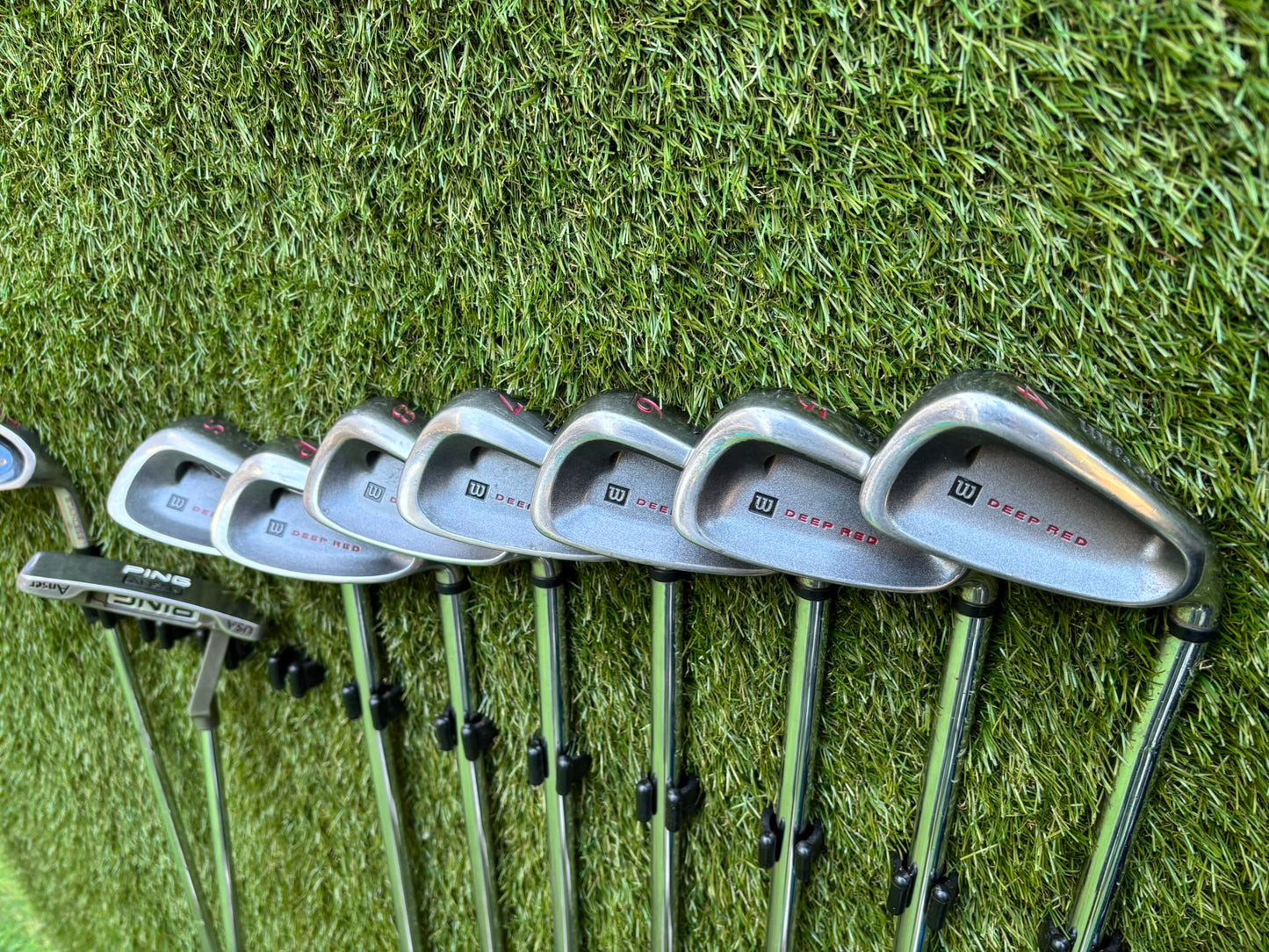 Wilson Deep Red Irons, Cobra Driver, TaylorMade Wood, TaylorMade Hybrid, Ping Putter Callaway Cart Bag