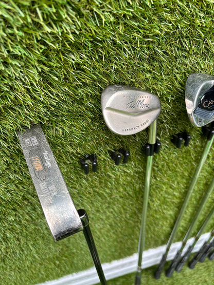 Callaway Big Bertha Woods, Spalding Cannon Irons (5–PW), Tad Moore Wedge & Caddymatic Cart Bag