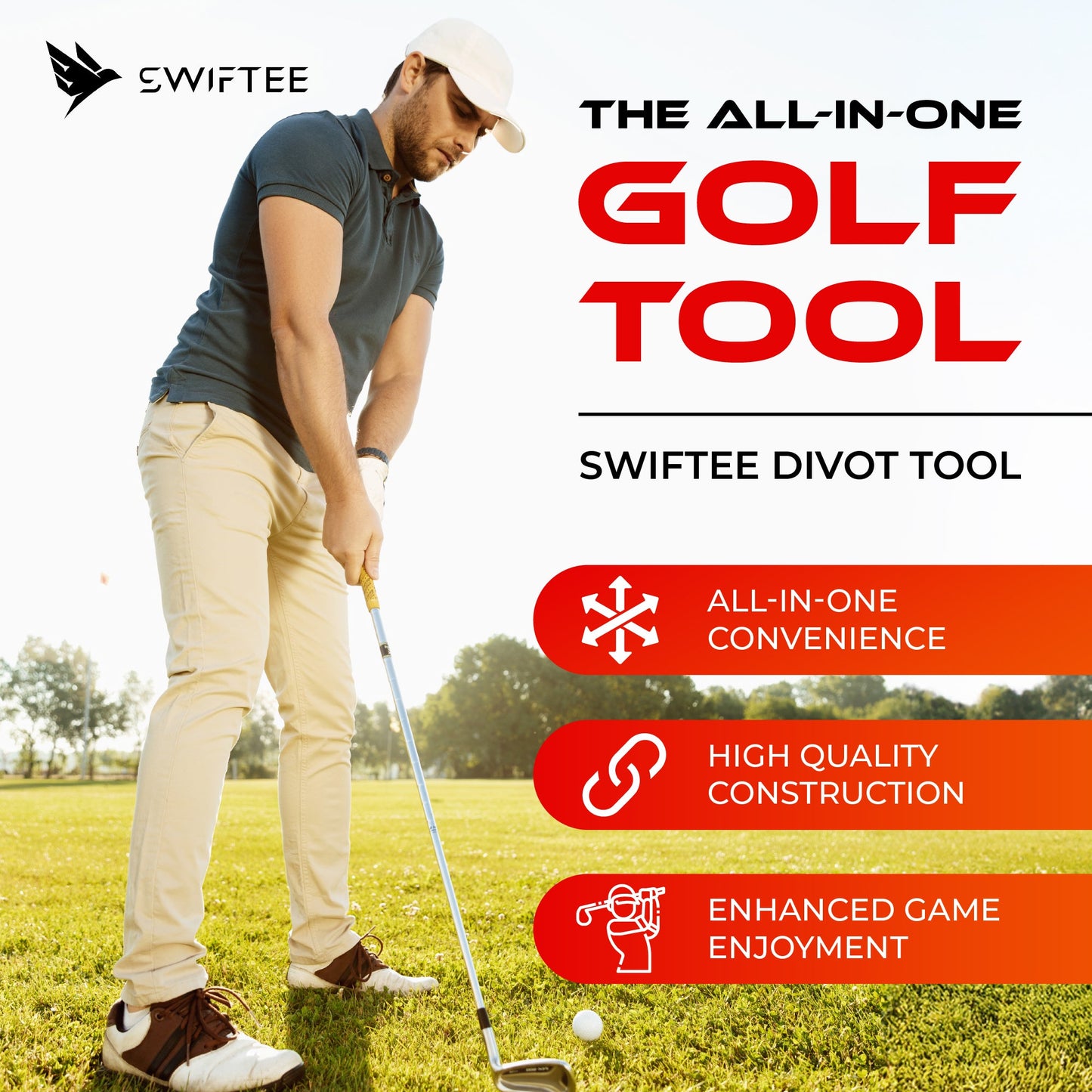 SWIFTEE Golf Divot Pitch Mark Repair Tool 7-in-1 Matte Black - Club Holder, Brush, Clip Buckle, Groove Cleaner, Bottle Opener, Ball Marker, Divot Tool - Gift Box Included