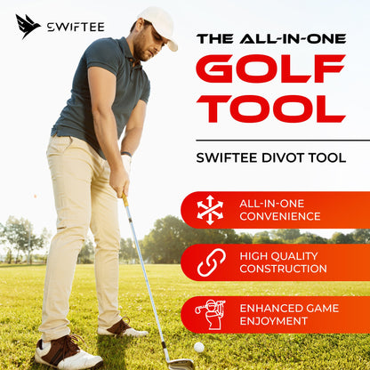 SWIFTEE Golf Divot Pitch Mark Repair Tool 7-in-1 Matte Black - Club Holder, Brush, Clip Buckle, Groove Cleaner, Bottle Opener, Ball Marker, Divot Tool - Gift Box Included