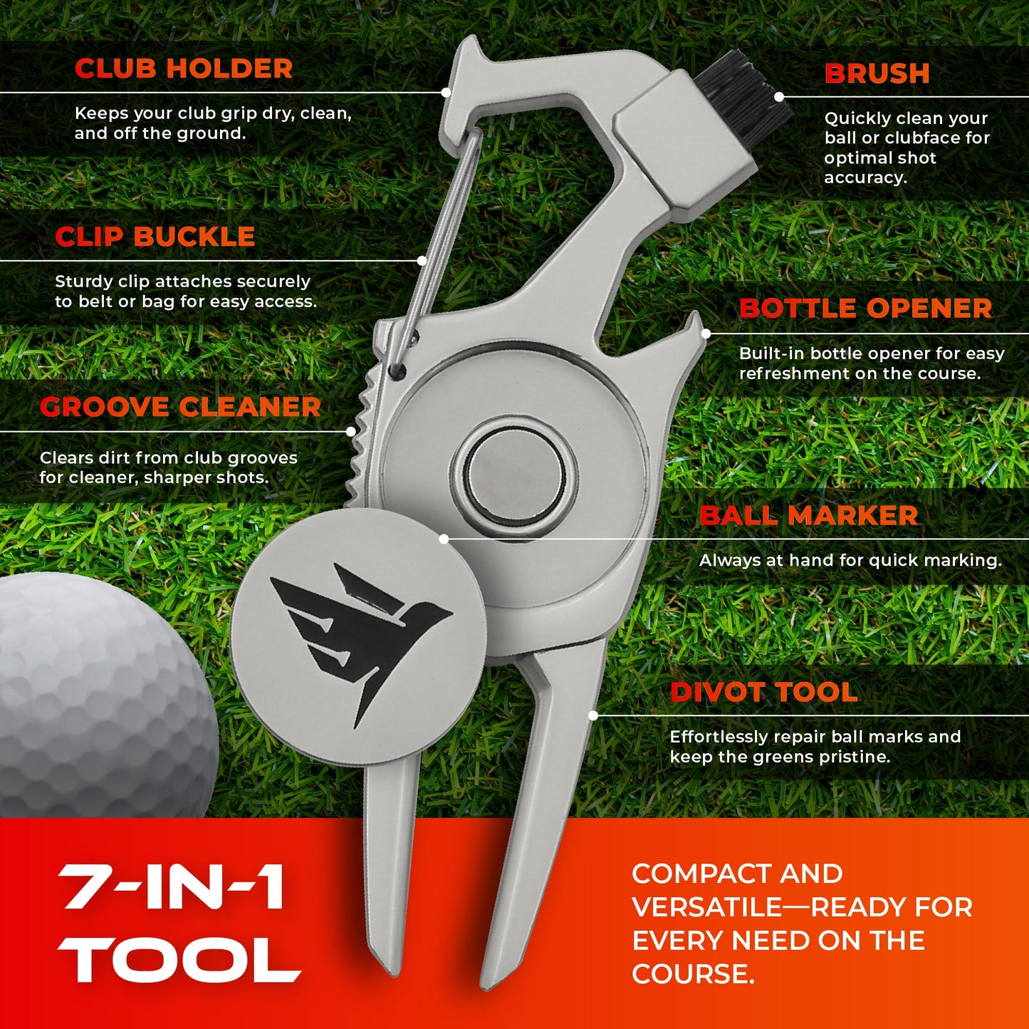SWIFTEE Golf Divot Pitch Mark Repair Tool 7-in-1 Matte Black - Club Holder, Brush, Clip Buckle, Groove Cleaner, Bottle Opener, Ball Marker, Divot Tool - Gift Box Included