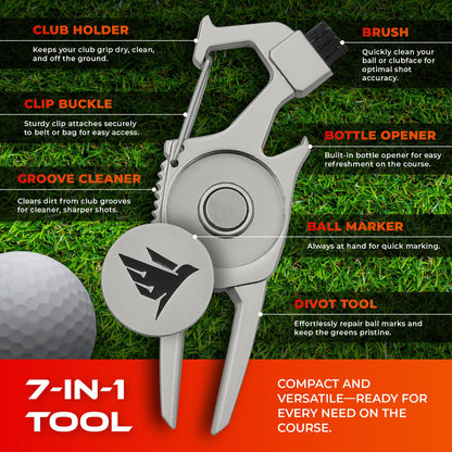 SWIFTEE Golf Divot Pitch Mark Repair Tool 7-in-1 Matte Black - Club Holder, Brush, Clip Buckle, Groove Cleaner, Bottle Opener, Ball Marker, Divot Tool - Gift Box Included