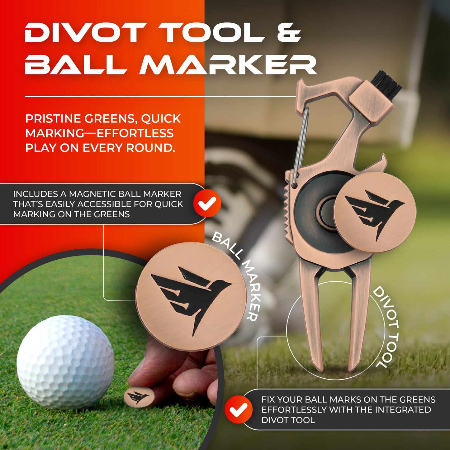 SWIFTEE Golf Divot Pitch Mark Repair Tool 7-in-1 Antique Copper - Club Holder, Brush, Clip Buckle, Groove Cleaner, Bottle Opener, Ball Marker, Divot Tool - Gift Box Included Free Delivery