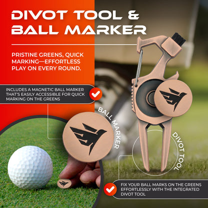 SWIFTEE Golf Divot Pitch Mark Repair Tool 7-in-1 Matte Black - Club Holder, Brush, Clip Buckle, Groove Cleaner, Bottle Opener, Ball Marker, Divot Tool - Gift Box Included