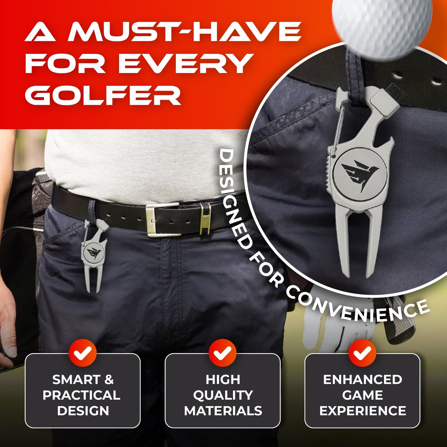 SWIFTEE Golf Divot Pitch Mark Repair Tool 7-in-1 Matte Black - Club Holder, Brush, Clip Buckle, Groove Cleaner, Bottle Opener, Ball Marker, Divot Tool - Gift Box Included