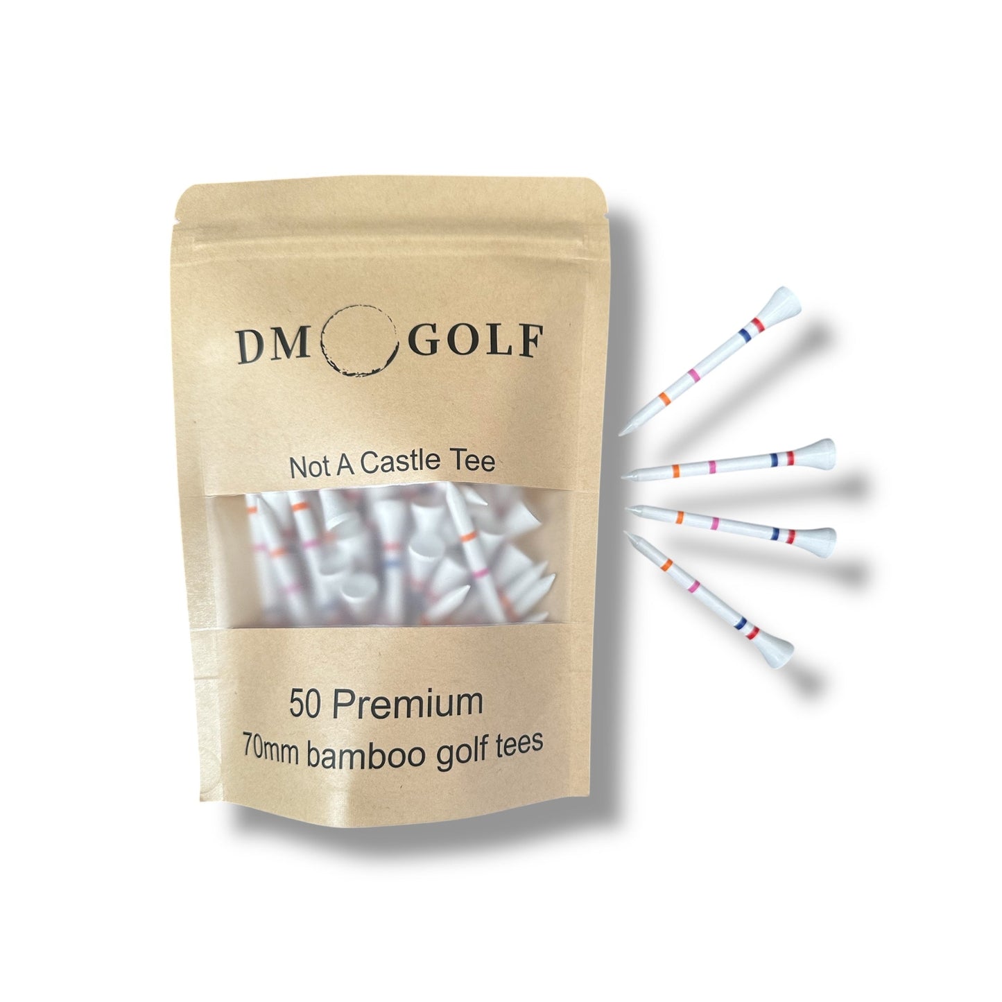 The Link-Not A Castle Tee-Premium 70mm Bamboo Golf Tee With Orange, Pink, Blue & Red Castle Height Indicators-50 Pack