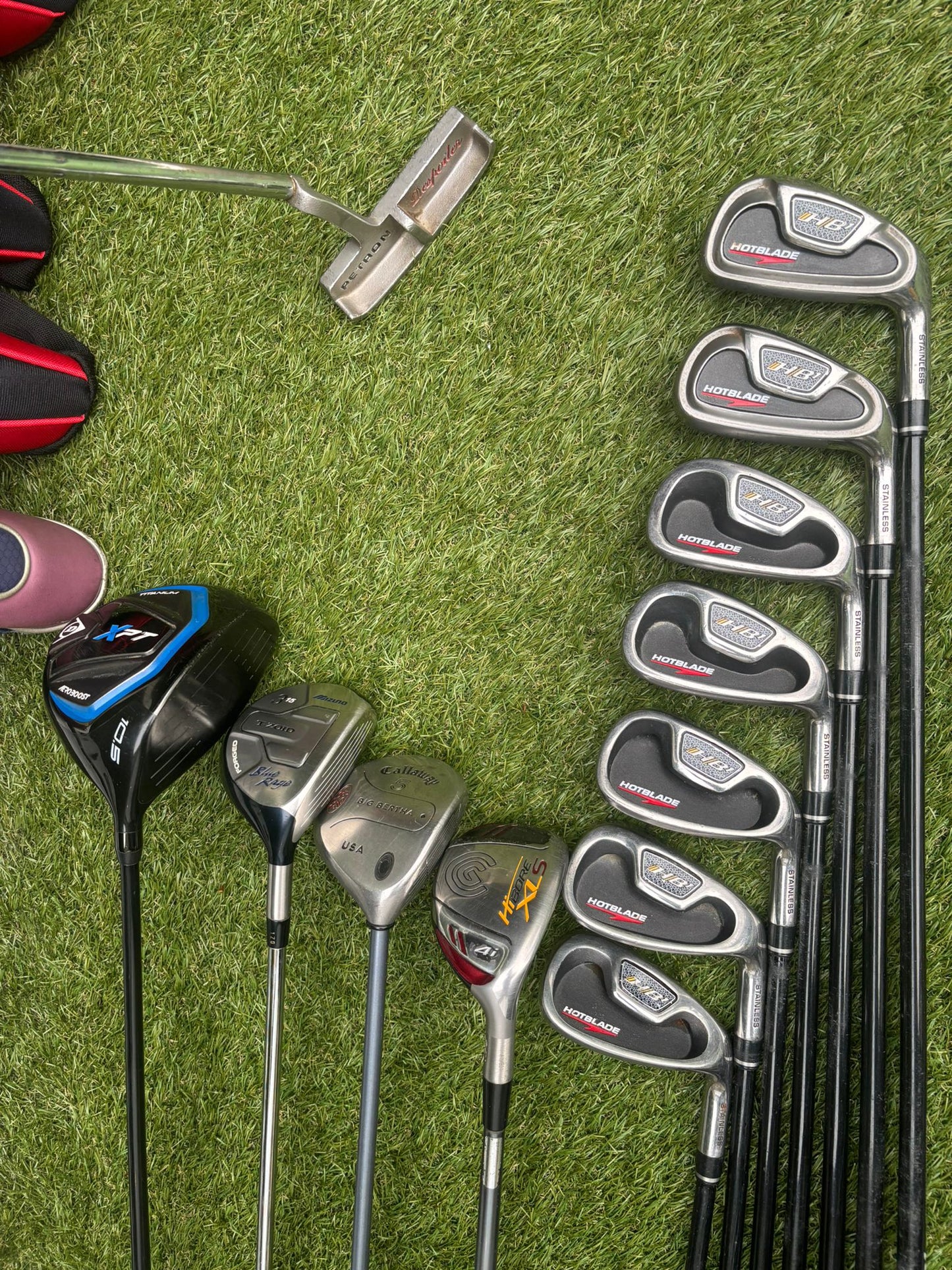 Wilson HotBlade Irons (5–SW) with Dunlop XPT Driver, Callaway & Mizuno Woods, Cleveland Hybrid Benross Cart Bag (12 Clubs)