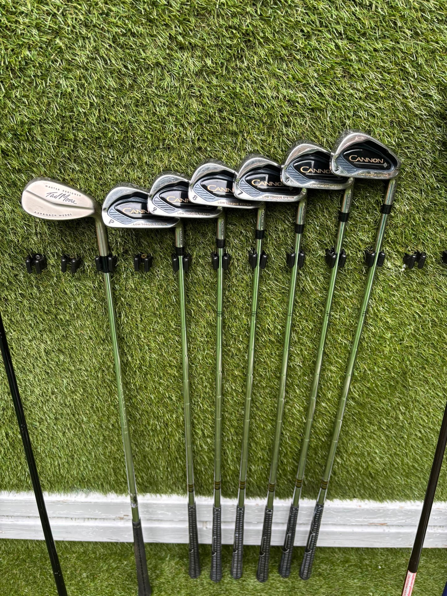 Callaway Big Bertha Woods, Spalding Cannon Irons (5–PW), Tad Moore Wedge & Caddymatic Cart Bag