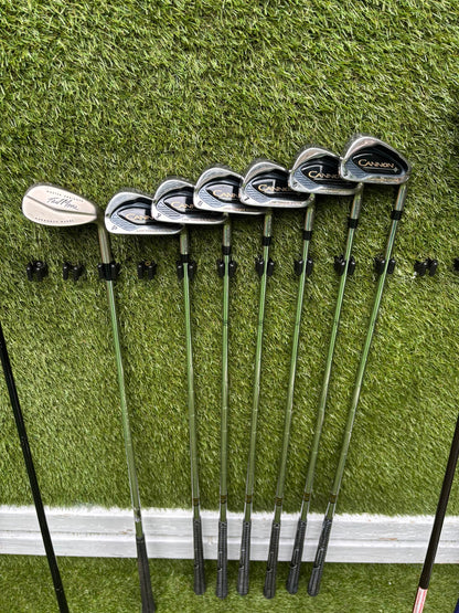 Callaway Big Bertha Woods, Spalding Cannon Irons (5–PW), Tad Moore Wedge & Caddymatic Cart Bag