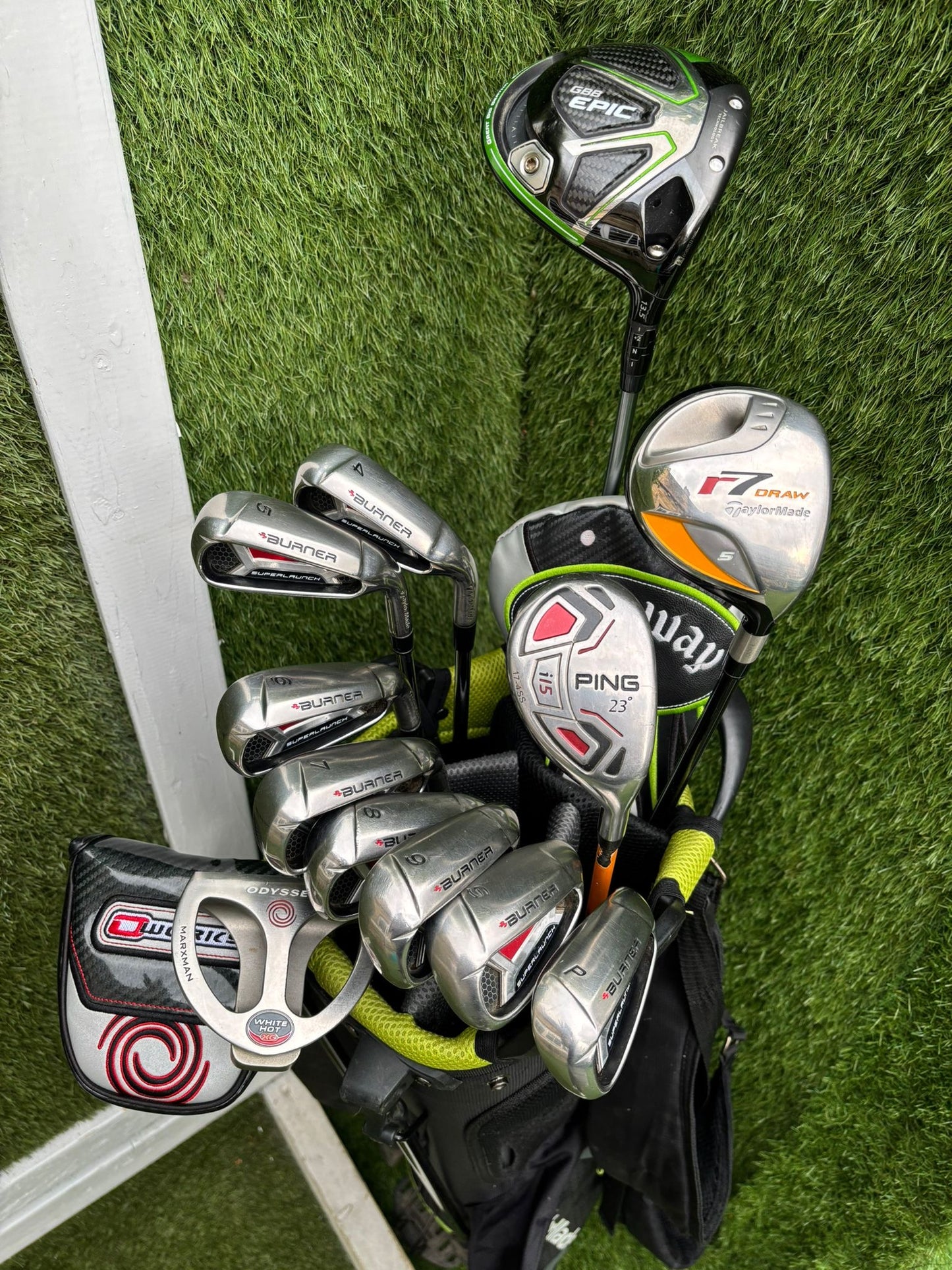 Callaway GBB Epic Adjustable Driver + TaylorMade Burner Irons (4–SW) + Ping i15 Hybrid + r7 Draw 5 Wood + Odyssey Marxman Putter