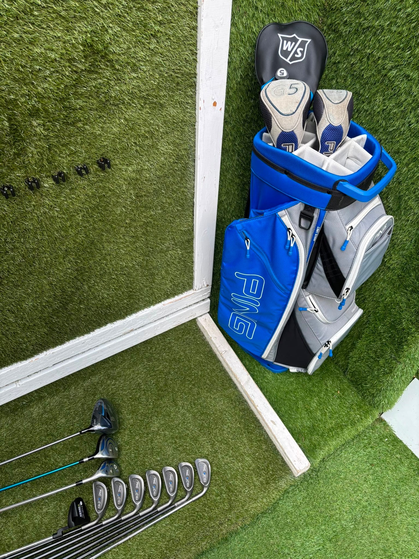 Ping Eye2+ Blue Dot Graphite Irons, Brand New Wilson D7 Driver, Ping G5 Woods & Ping Traverse Cart Bag