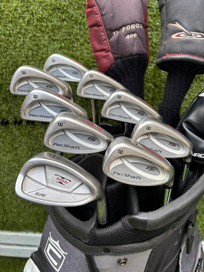 Wilson FatShaft Irons, Wilson Deep Red Driver, Wilson Deep Red 1 Wood, Benross MDX Tribe Putter & Cobra Cart Bag