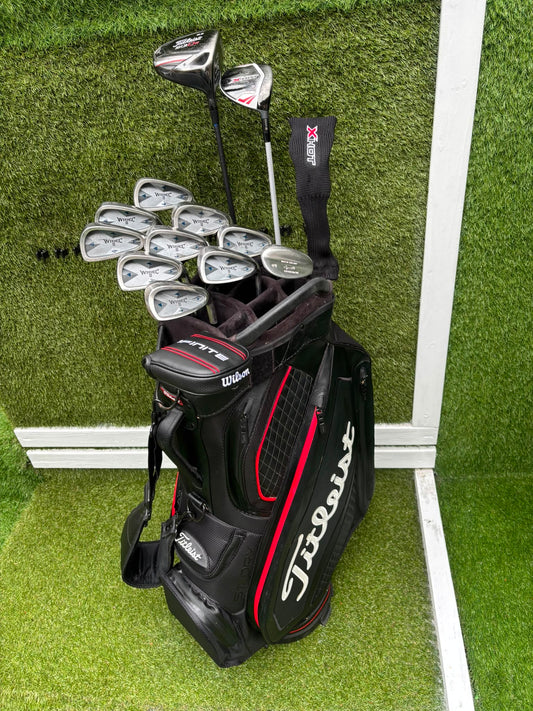 Mizuno Widec II Irons, Titleist 913 Driver, Callaway X Hot Woods, Wilson Infinite Putter & Titleist StaDry Cart Bag