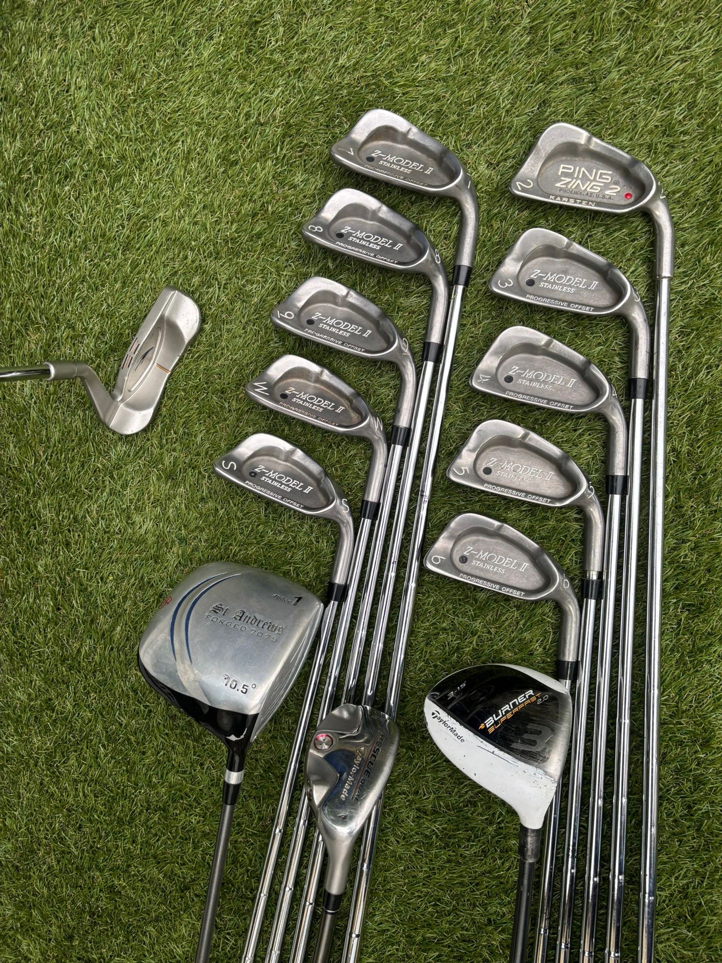 Z-MODEL II Irons + TaylorMade Woods & Hybrid + Ping Zing 2 + Donnay Putter + Peter Alliss Stand Bag – 14 Clubs