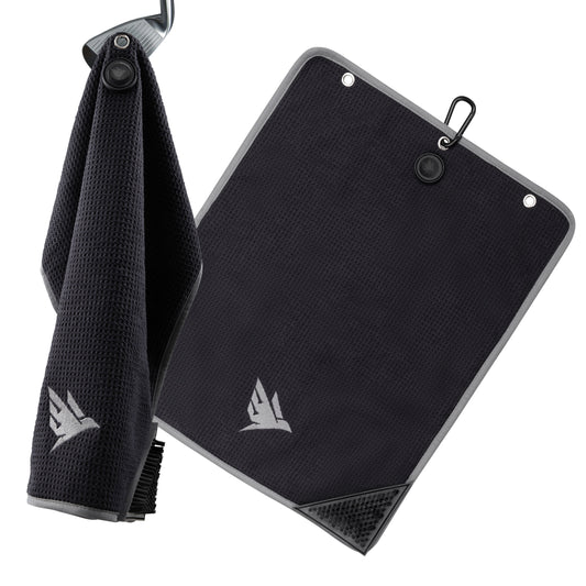 SWIFTEE Ultimate 4-in-1 Premium Golf Towel Black - Includes Brush, Magnet, Wet/Dry Liner, Ball Marker and Caribiner Clip