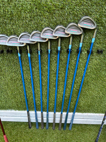 Ladies Yasuda SP-1800 Irons, Callaway Big Bertha Driver, Ping Rhapsody 7 Wood, Ben Sayers Hybrid & Stand Bag