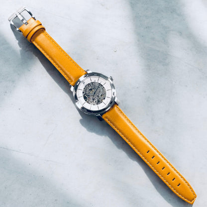 PUNCH Mens Watch, Silver & White Skeleton Automatic Watch - Tan Leather Strap