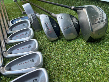 Wilson Deep Red Irons, Cobra Driver, TaylorMade Wood, TaylorMade Hybrid, Ping Putter Callaway Cart Bag