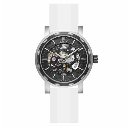 PUNCH Mens Watch, Black & Silver Skeleton Automatic Watch - White Rubber Strap
