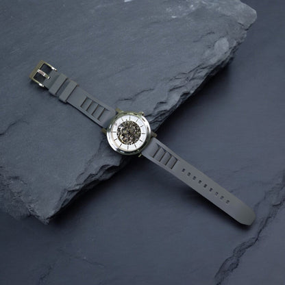 PUNCH Mens Watch, Silver & White Skeleton Automatic Watch - Grey Rubber Strap