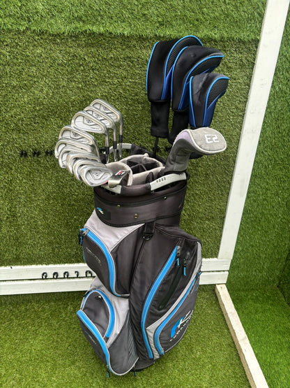 Mizuno Zoid Comp CT Irons + Titleist & Cobra Drivers + Mizuno Woods + Tail Moore Putter + PowaKaddy Cart Bag – 14 Clubs