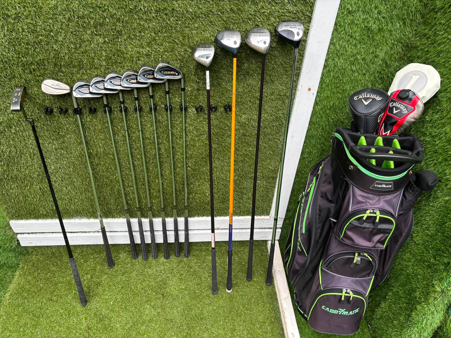 Callaway Big Bertha Woods, Spalding Cannon Irons (5–PW), Tad Moore Wedge & Caddymatic Cart Bag