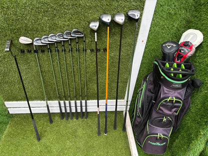 Callaway Big Bertha Woods, Spalding Cannon Irons (5–PW), Tad Moore Wedge & Caddymatic Cart Bag