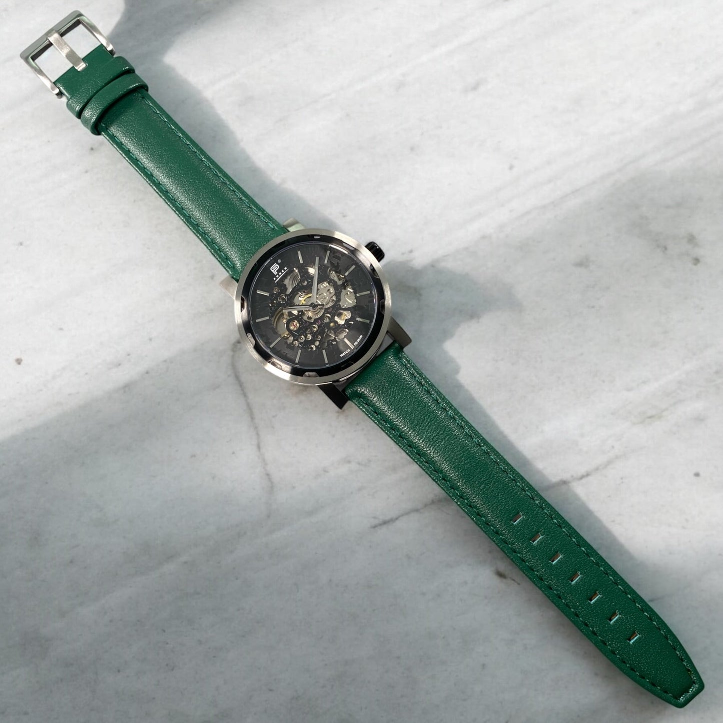 PUNCH Mens Watch, Black & Silver Skeleton Automatic Watch - Green Leather Strap