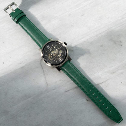 PUNCH Mens Watch, Black & Silver Skeleton Automatic Watch - Green Leather Strap