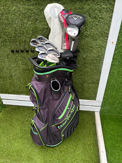 Callaway Big Bertha Woods, Spalding Cannon Irons (5–PW), Tad Moore Wedge & Caddymatic Cart Bag