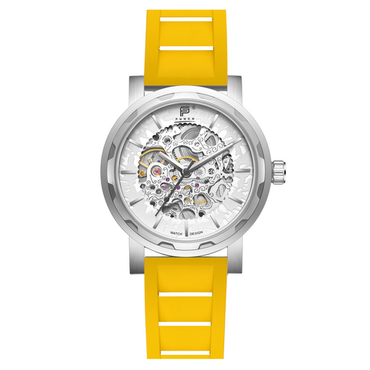PUNCH Mens Watch, Silver & White Skeleton Automatic Watch - Yellow Rubber Strap