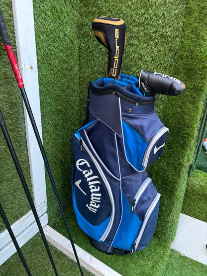 Wilson Deep Red Irons, Cobra Driver, TaylorMade Wood, TaylorMade Hybrid, Ping Putter Callaway Cart Bag