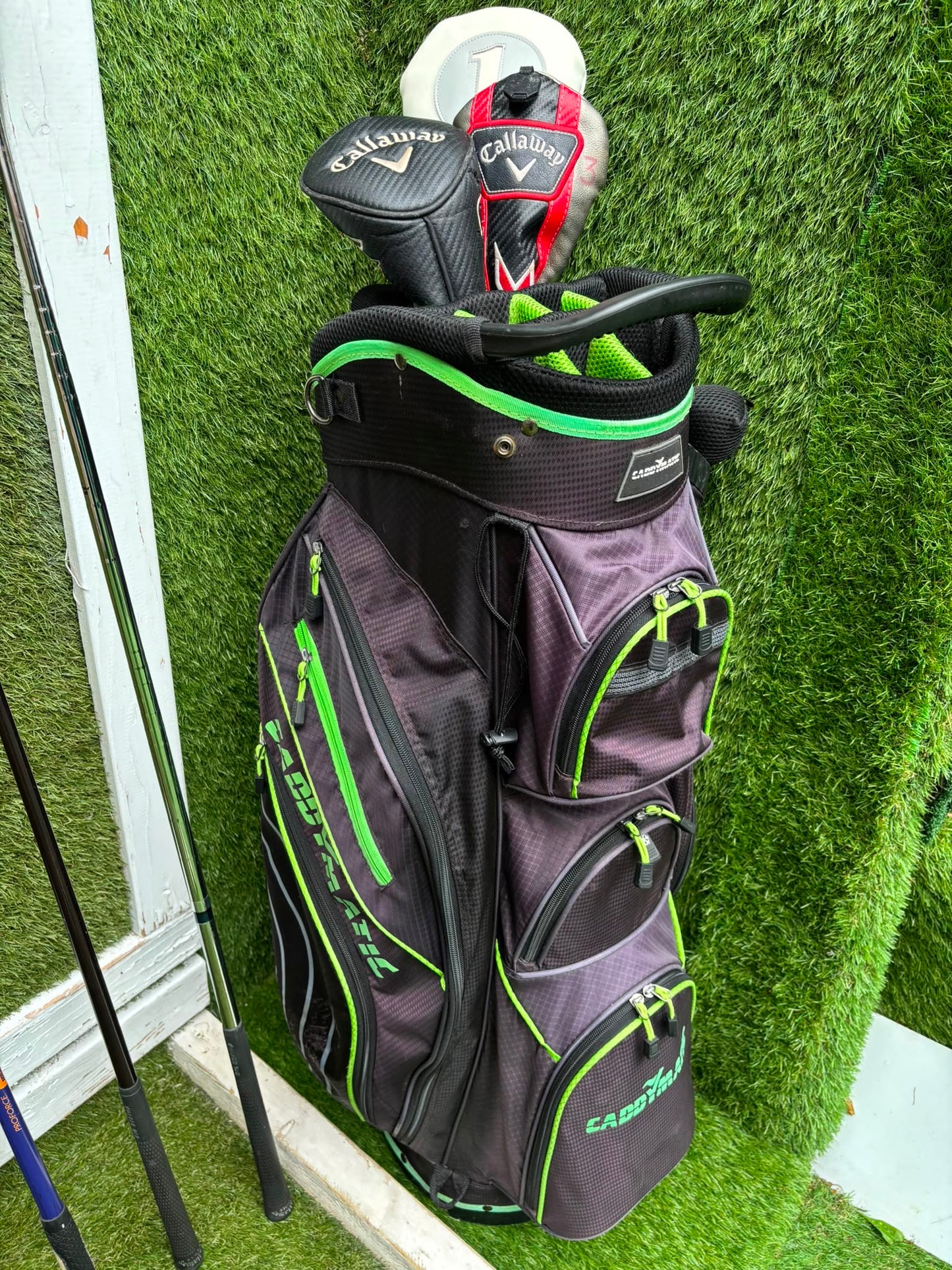 Callaway Big Bertha Woods, Spalding Cannon Irons (5–PW), Tad Moore Wedge & Caddymatic Cart Bag