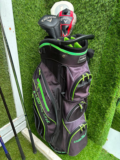 Callaway Big Bertha Woods, Spalding Cannon Irons (5–PW), Tad Moore Wedge & Caddymatic Cart Bag