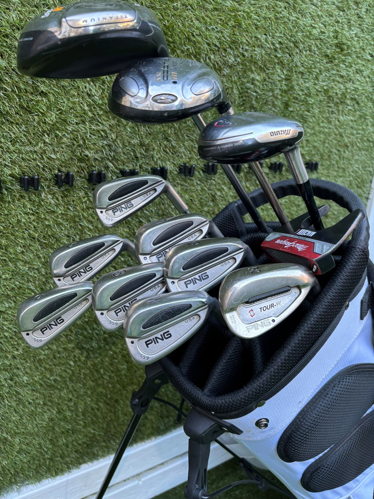 PING S59 4–PW Irons, Tour-W 52° Wedge, Cleveland HiBore Driver, Cobra 5 Wood, Mizuno Hybrid, MacGregor Putter & Stand Bag