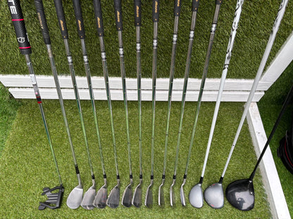 Mizuno Widec II Irons, Titleist 913 Driver, Callaway X Hot Woods, Wilson Infinite Putter & Titleist StaDry Cart Bag