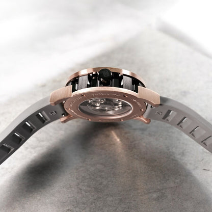 PUNCH Mens Watch, Rose Gold & Black Skeleton Automatic Watch - Grey Rubber Strap