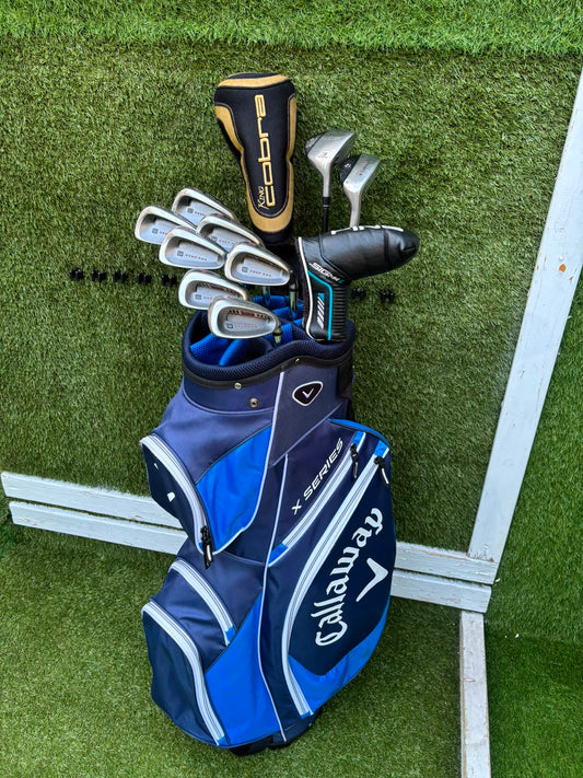 Wilson Deep Red Irons, Cobra Driver, TaylorMade Wood, TaylorMade Hybrid, Ping Putter Callaway Cart Bag