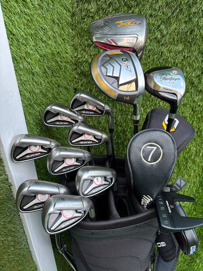 TaylorMade Irons, Cleveland Driver, GX-7 Wood, MacGregor 7 Wood, Wilson Putter & Ping Stand Bag