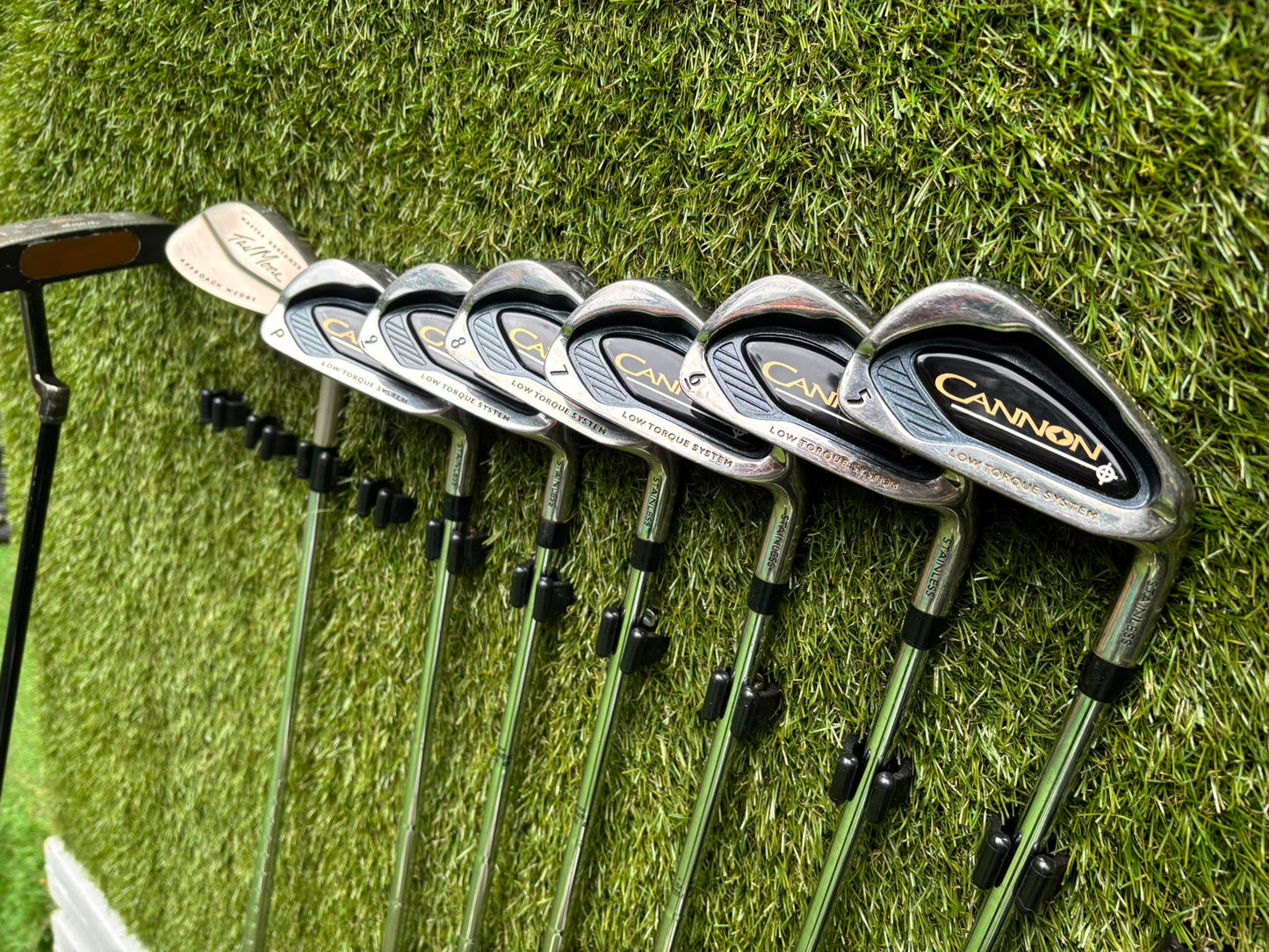 Callaway Big Bertha Woods, Spalding Cannon Irons (5–PW), Tad Moore Wedge & Caddymatic Cart Bag