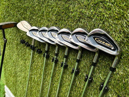 Callaway Big Bertha Woods, Spalding Cannon Irons (5–PW), Tad Moore Wedge & Caddymatic Cart Bag