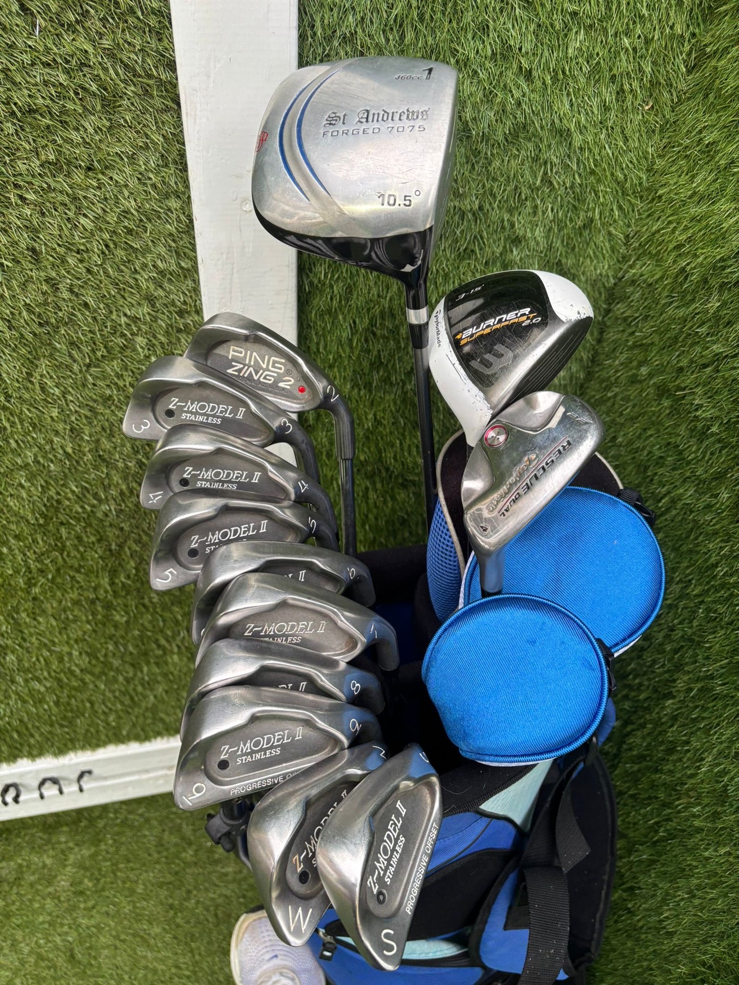 Z-MODEL II Irons + TaylorMade Woods & Hybrid + Ping Zing 2 + Donnay Putter + Peter Alliss Stand Bag – 14 Clubs