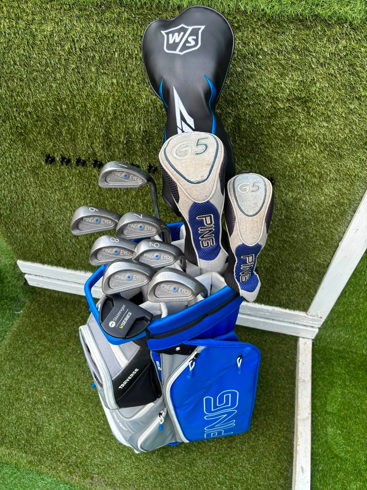 Ping Eye2+ Blue Dot Graphite Irons, Brand New Wilson D7 Driver, Ping G5 Woods & Ping Traverse Cart Bag