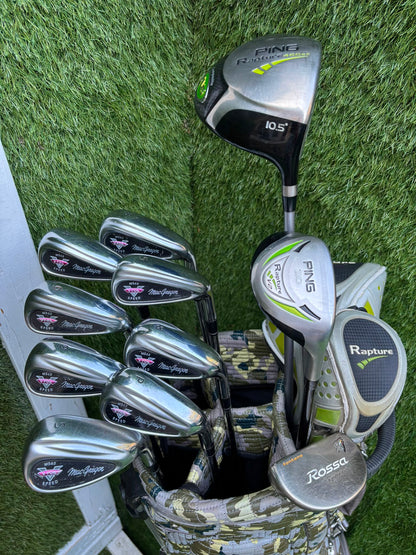 MacGregor V-Foil M565 Irons, Ping Driver, Ping Hybrid, TaylorMade Putter & Premium OUUL Camouflage Stand Bag