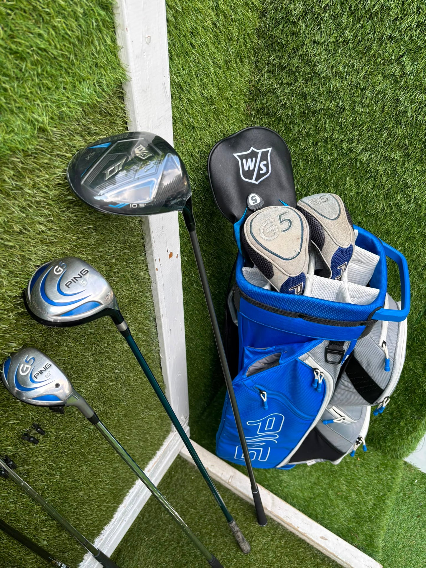 Ping Eye2+ Blue Dot Graphite Irons, Brand New Wilson D7 Driver, Ping G5 Woods & Ping Traverse Cart Bag
