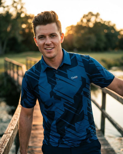 Men's Navy Geometric Performance Golf Polo – Athletic Fit