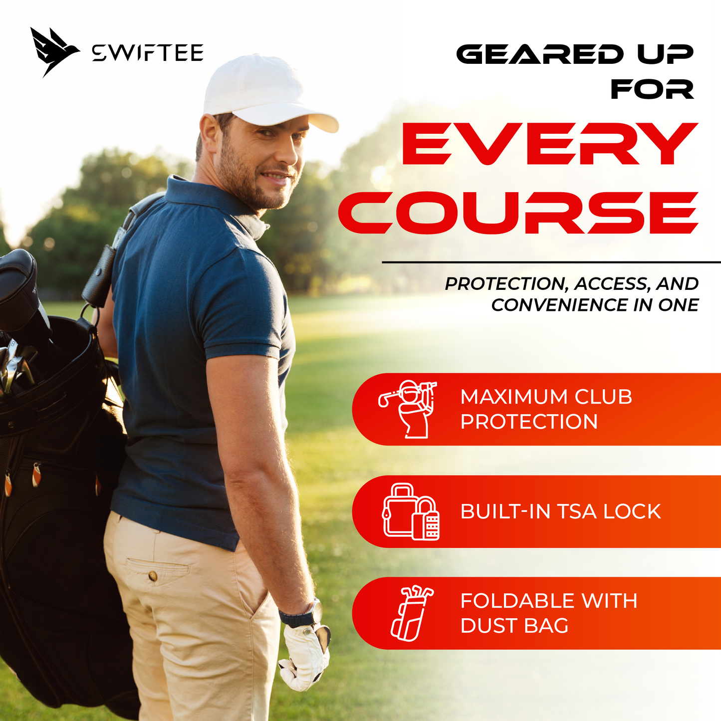 SWIFTEE Premium Golf Travel Bag with Hard Case Top & TSA Lock – 1680D Oxford, Oversized Wheels, Lightweight Airline Carrier for Maximum Club Protection