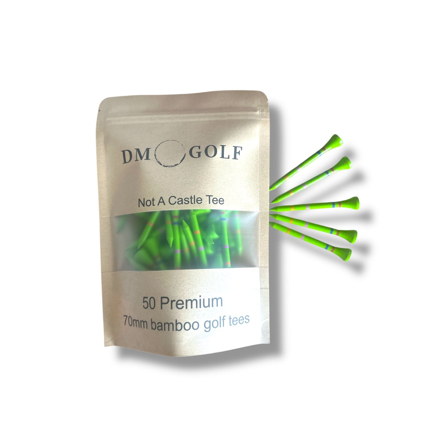 Go Green-Not A Castle Tee- Premium 70mm Bamboo Golf Tee With Orange, Pink, Blue & Red Castle Tee Height Indicators-50 Pack