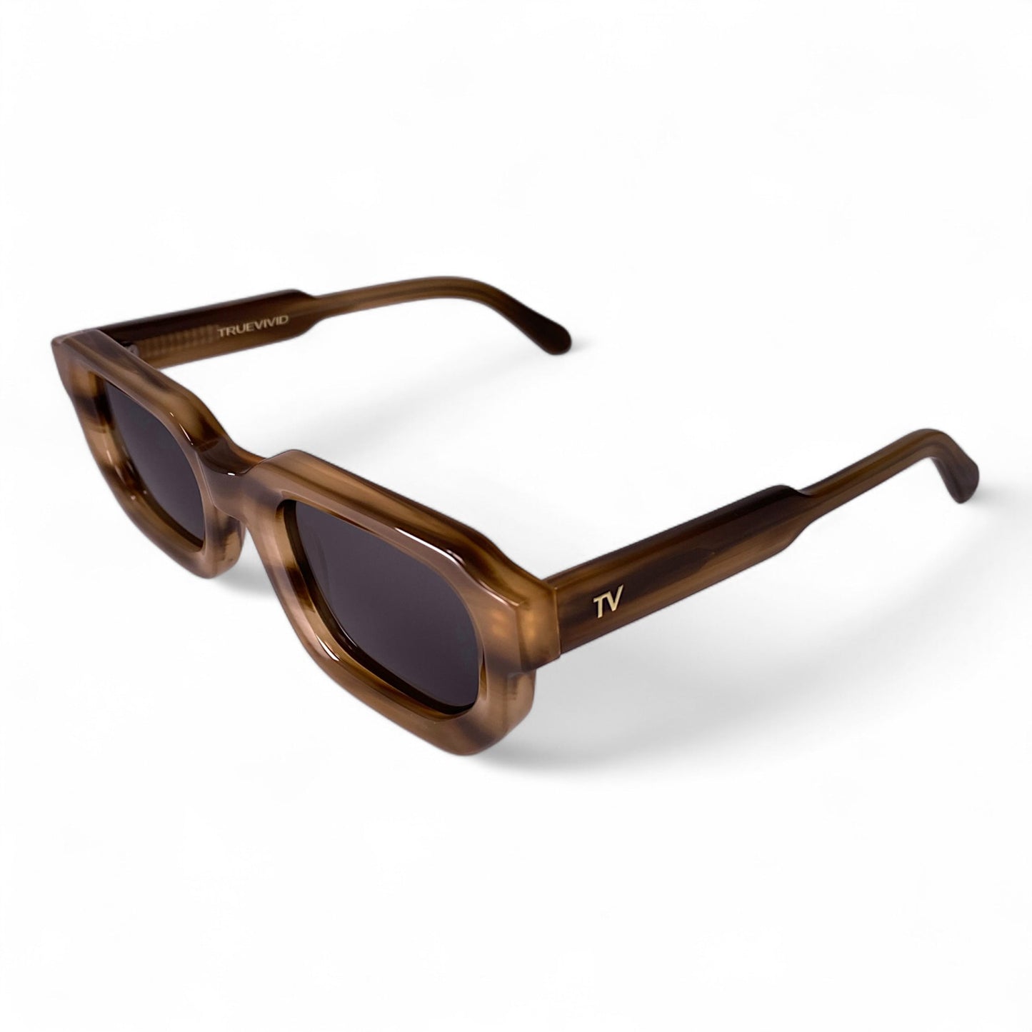 JUNA Hexagonal Thick Frame Polarised Sunglasses, Unisex, Brown Marble by TrueVivid
